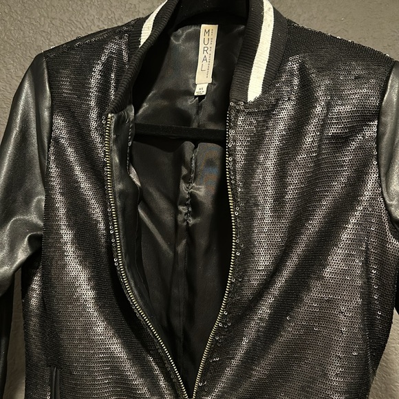 Black Vegan Leather & Sequin Varsity Jacket by Mural size XS - Picture 7 of 7